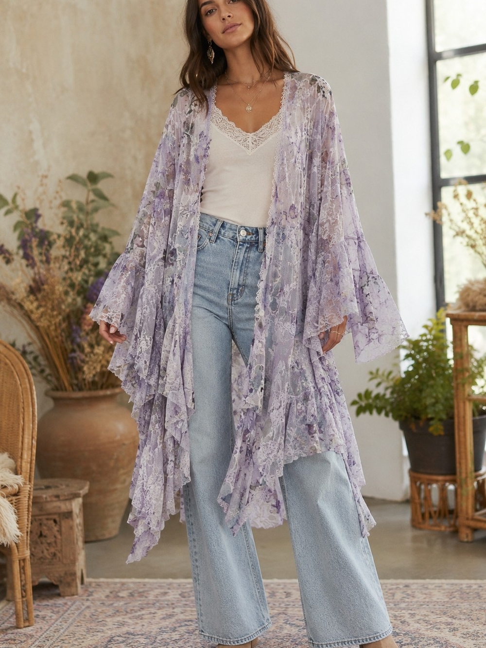 Origami plum and lavender boho lace open-front duster cardigan